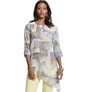 Chico's Size 3 Linear Lines Ali Top Tan Popover Asymmetrical Hem Roll Tab Sleeve